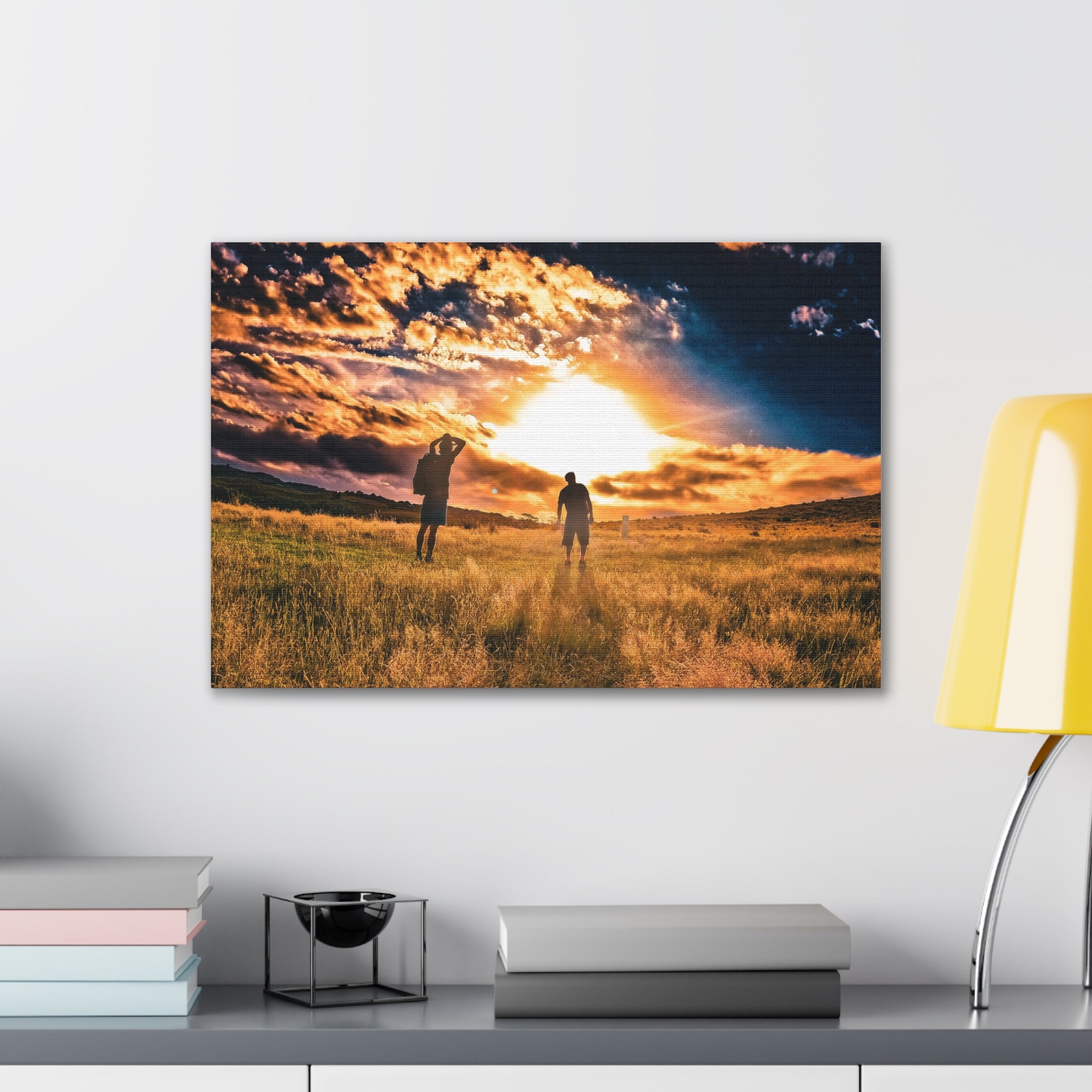 Sunset Field Canvas Wall Art — Silhouetted Figures at Golden Hour
