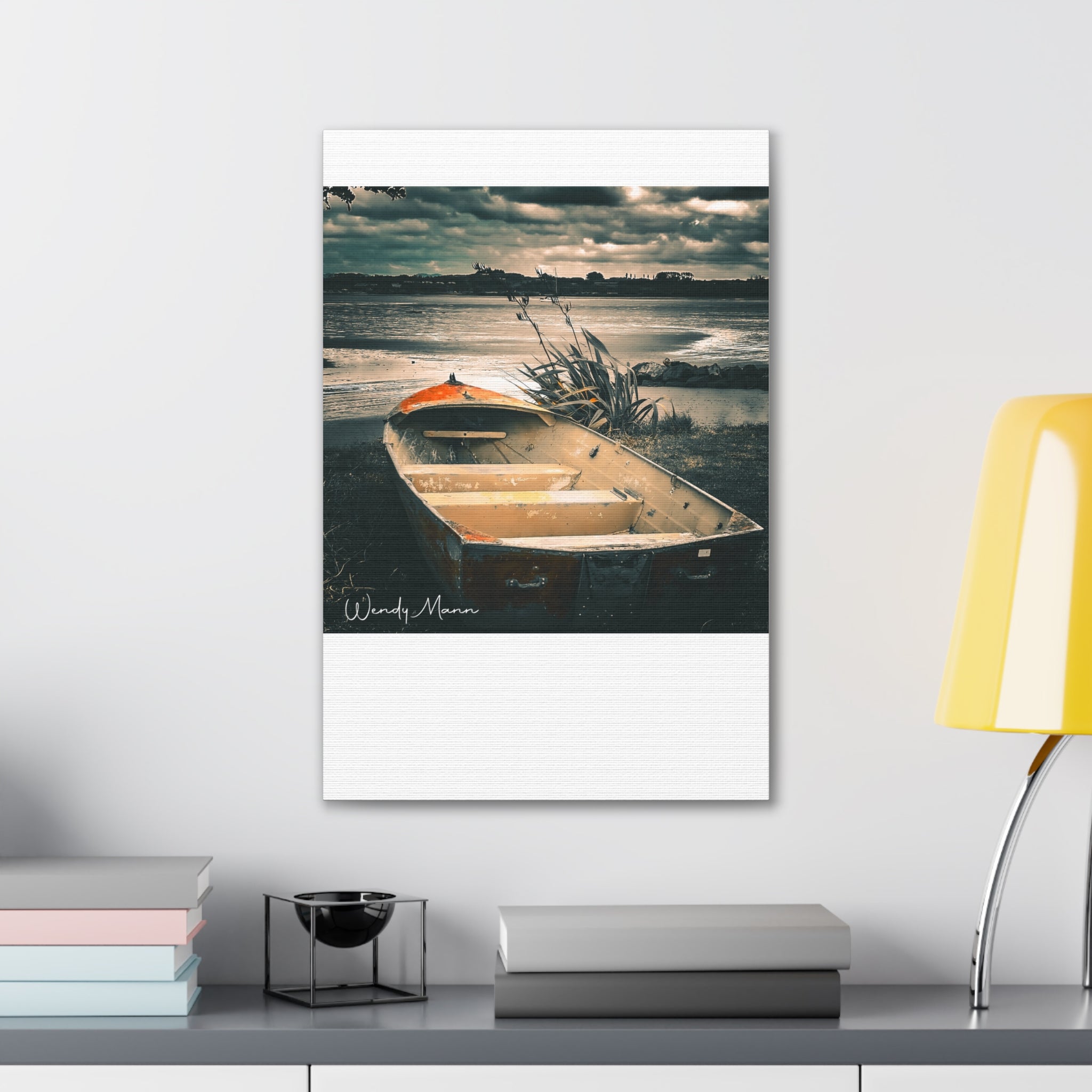 Vintage Rowboat Canvas Wall Art – Moody Coastal Landscape Print