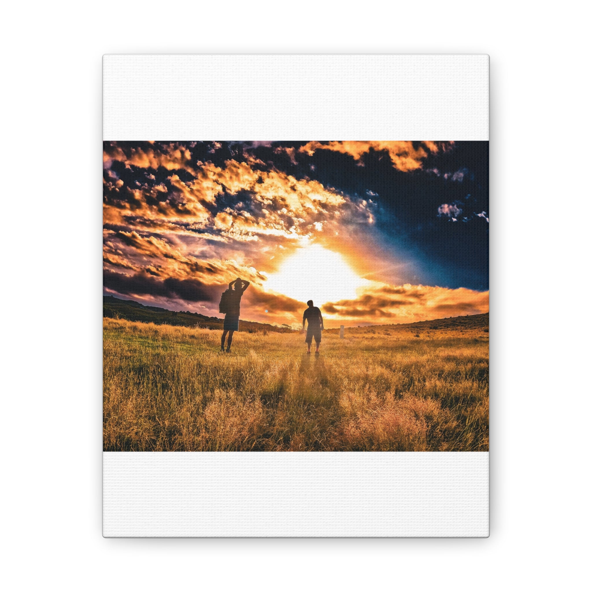 Sunset Field Canvas Wall Art — Silhouetted Figures at Golden Hour
