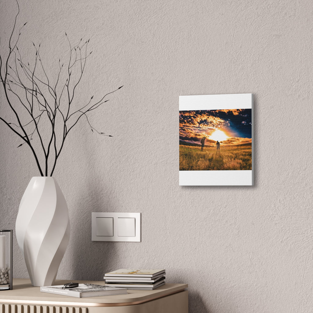 Sunset Field Canvas Wall Art — Silhouetted Figures at Golden Hour
