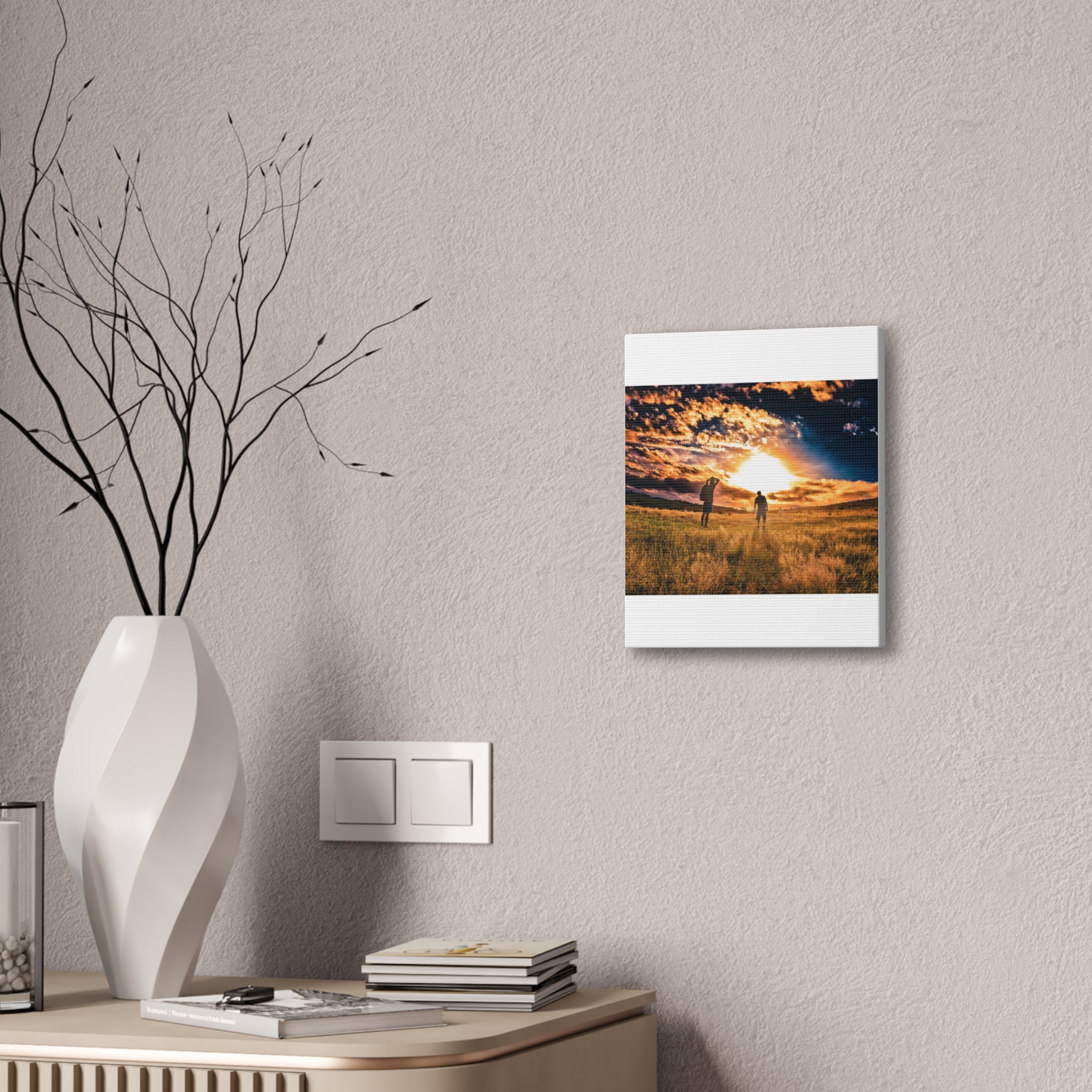 Sunset Field Canvas Wall Art — Silhouetted Figures at Golden Hour