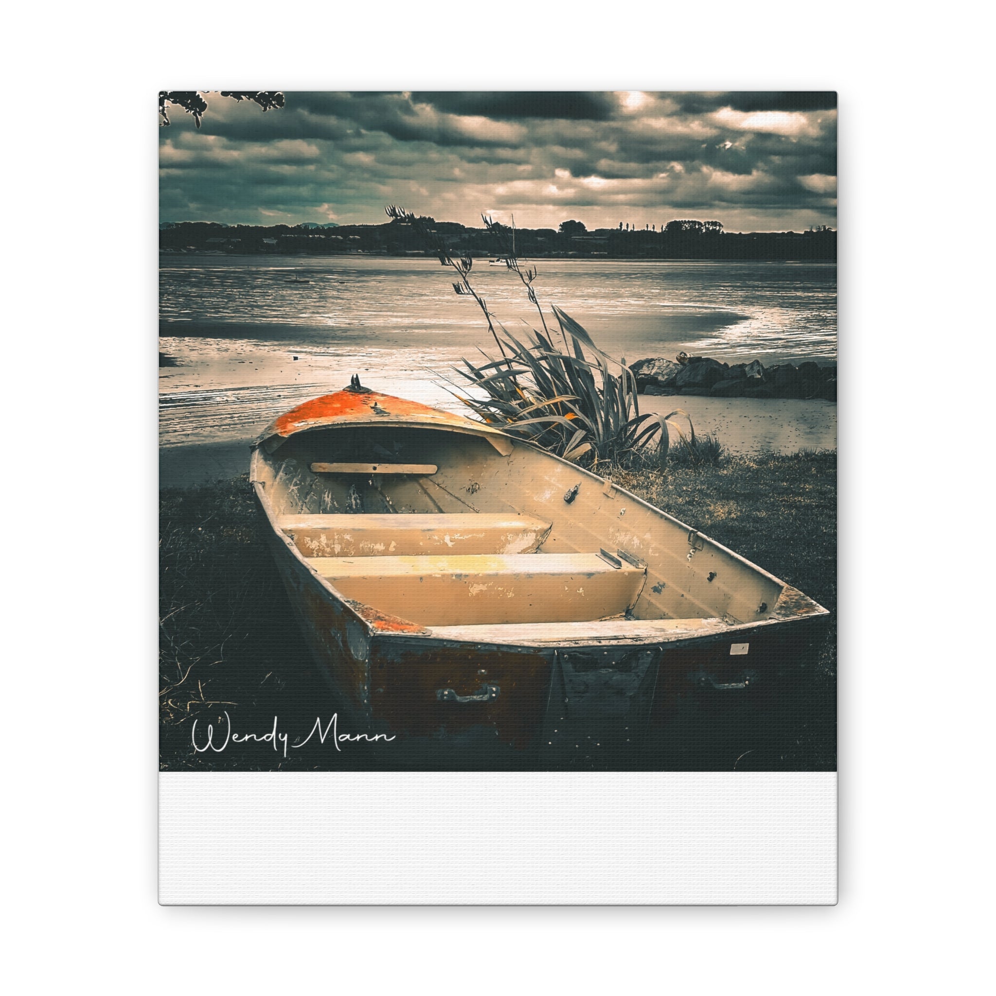 Vintage Rowboat Canvas Wall Art – Moody Coastal Landscape Print