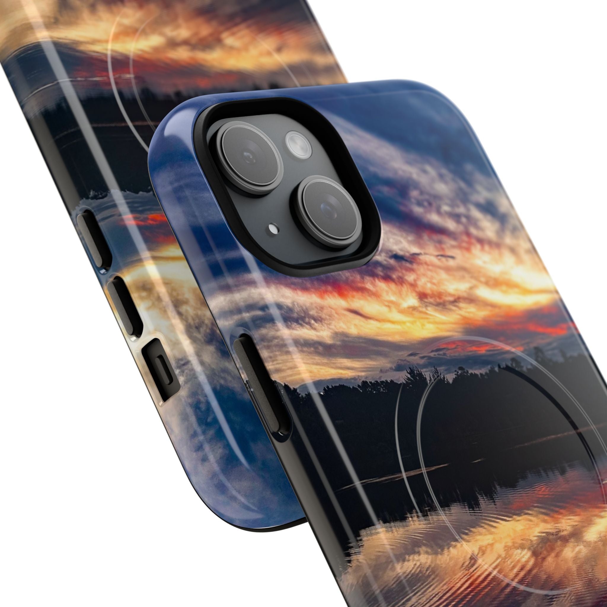 Sunset Lake Tough Magnetic Phone Case — Durable Magnetic Mount iPhone Case with Scenic Reflection Design