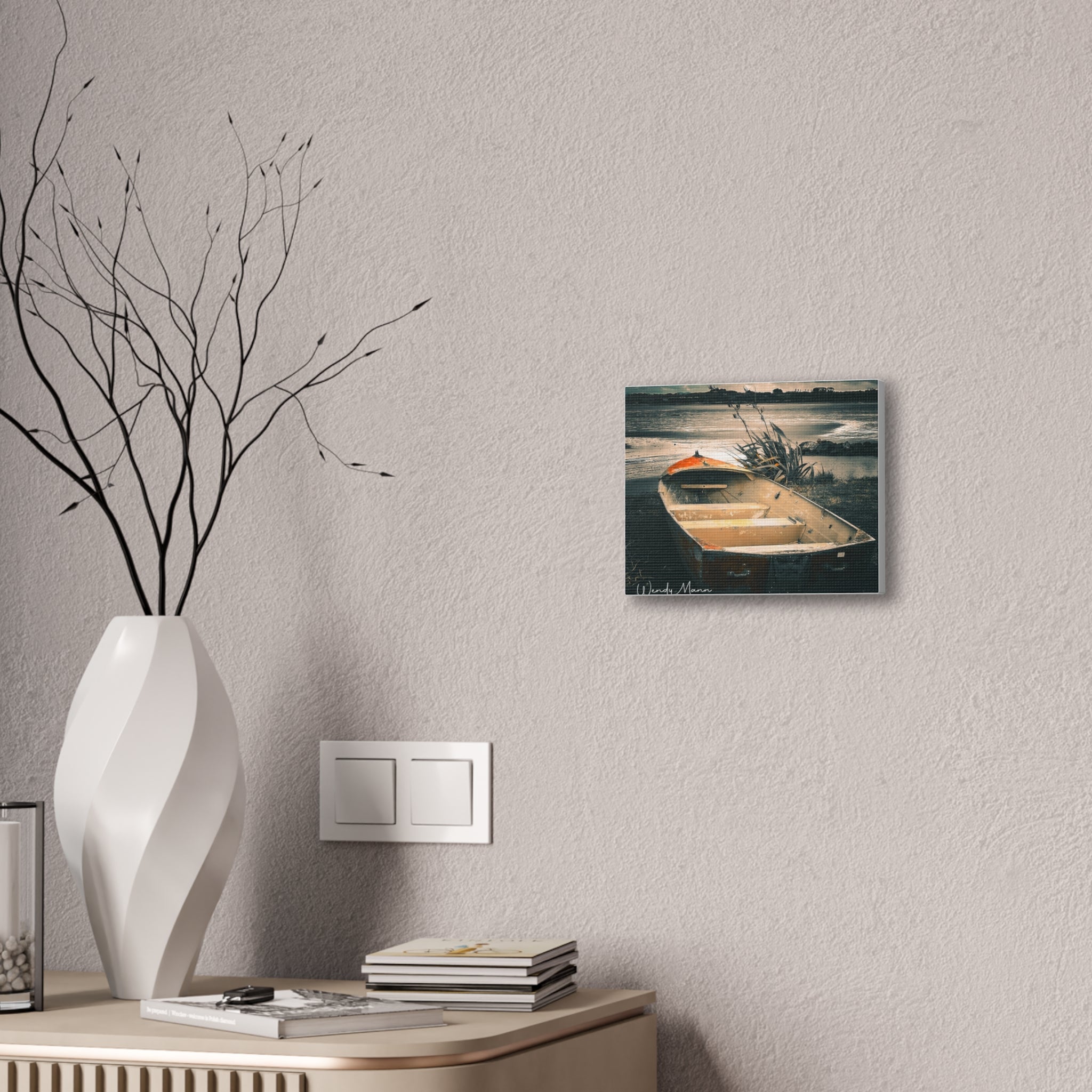 Vintage Rowboat Canvas Wall Art – Moody Coastal Landscape Print