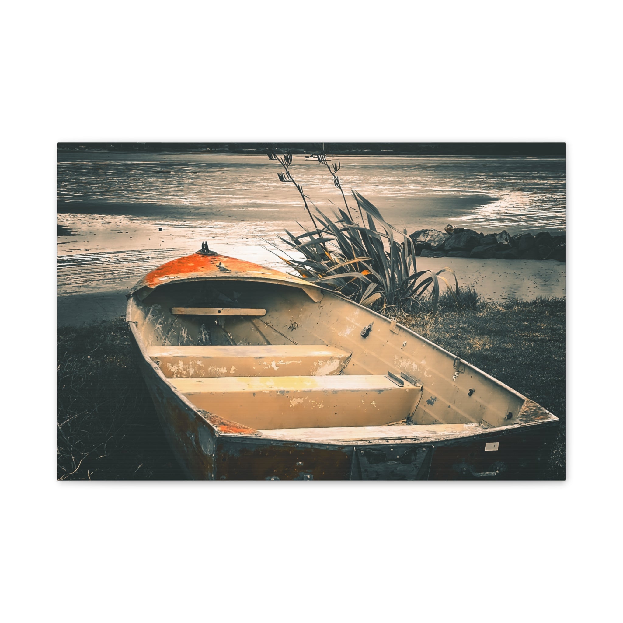 Vintage Rowboat Canvas Wall Art – Moody Coastal Landscape Print