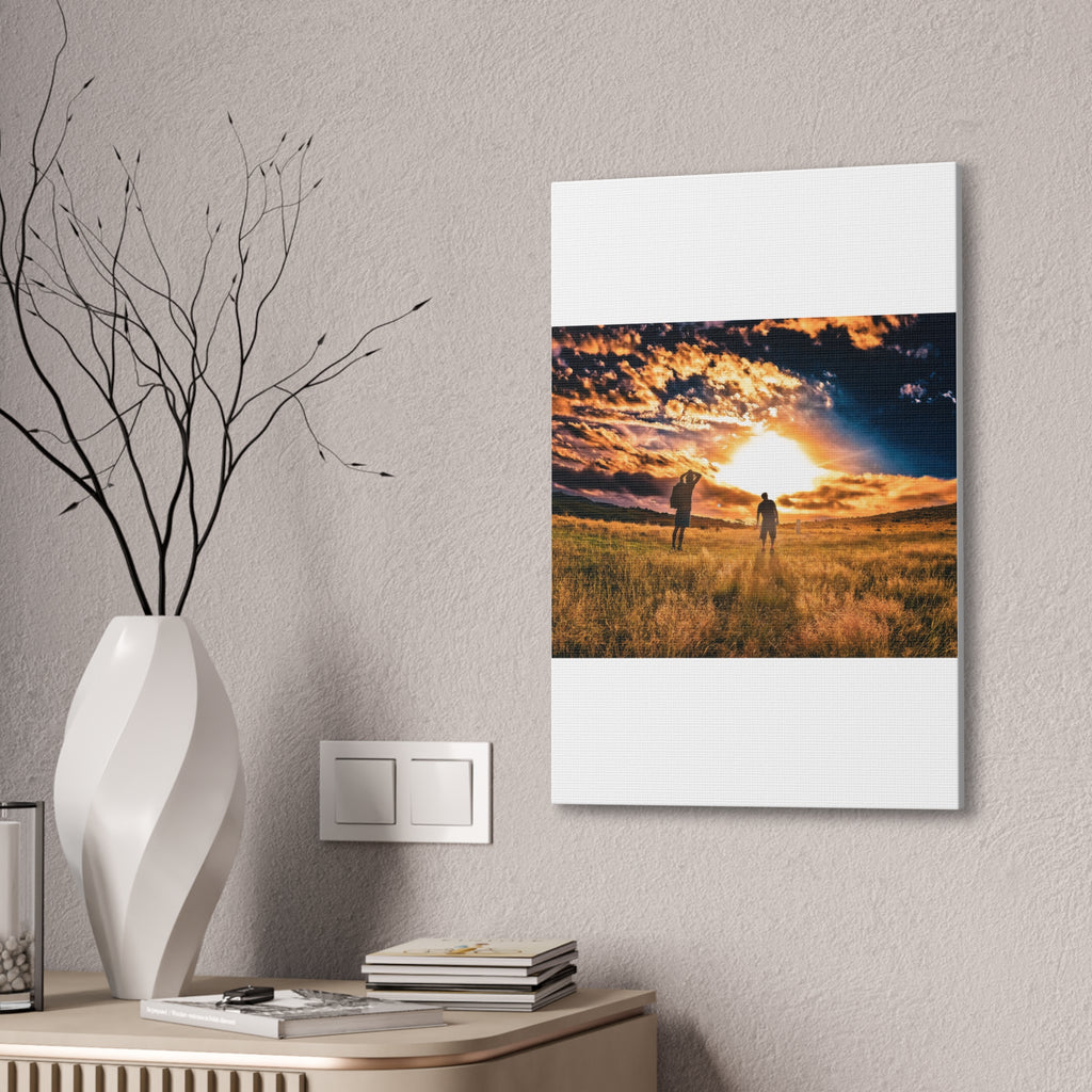 Sunset Field Canvas Wall Art — Silhouetted Figures at Golden Hour