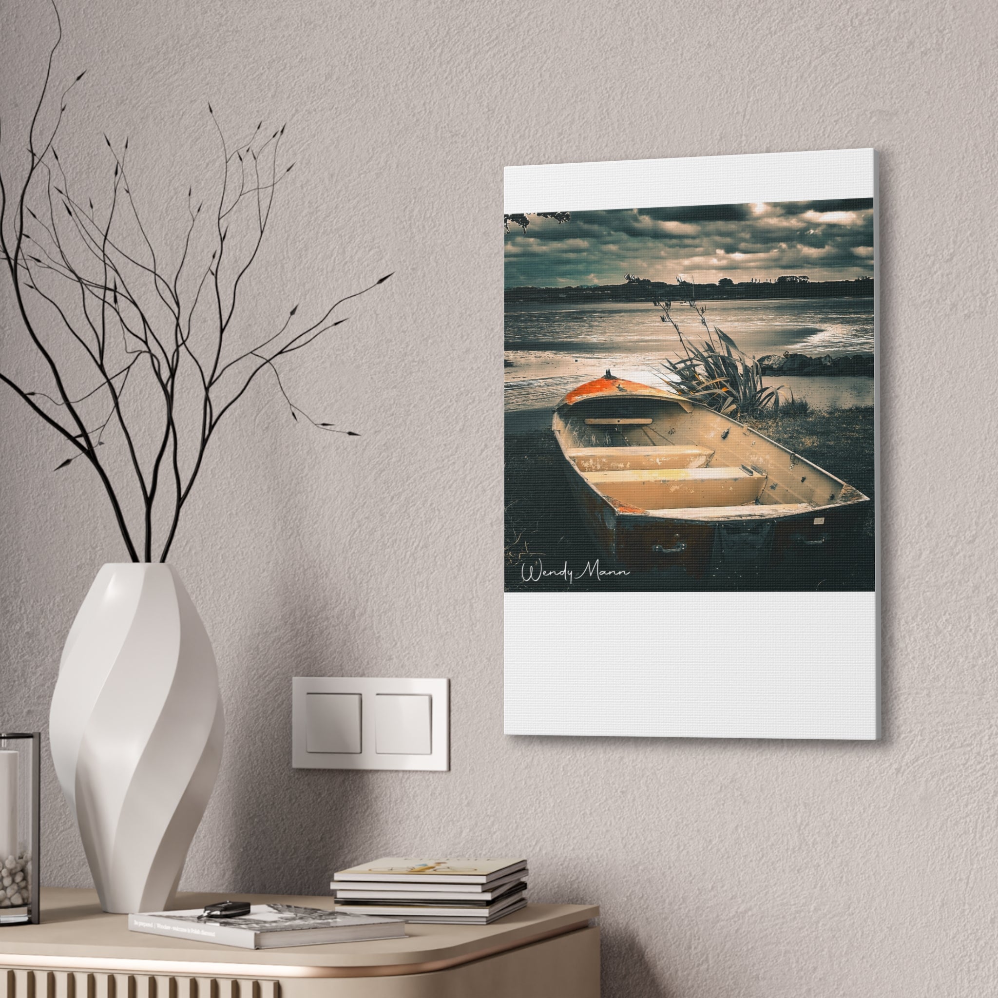 Vintage Rowboat Canvas Wall Art – Moody Coastal Landscape Print