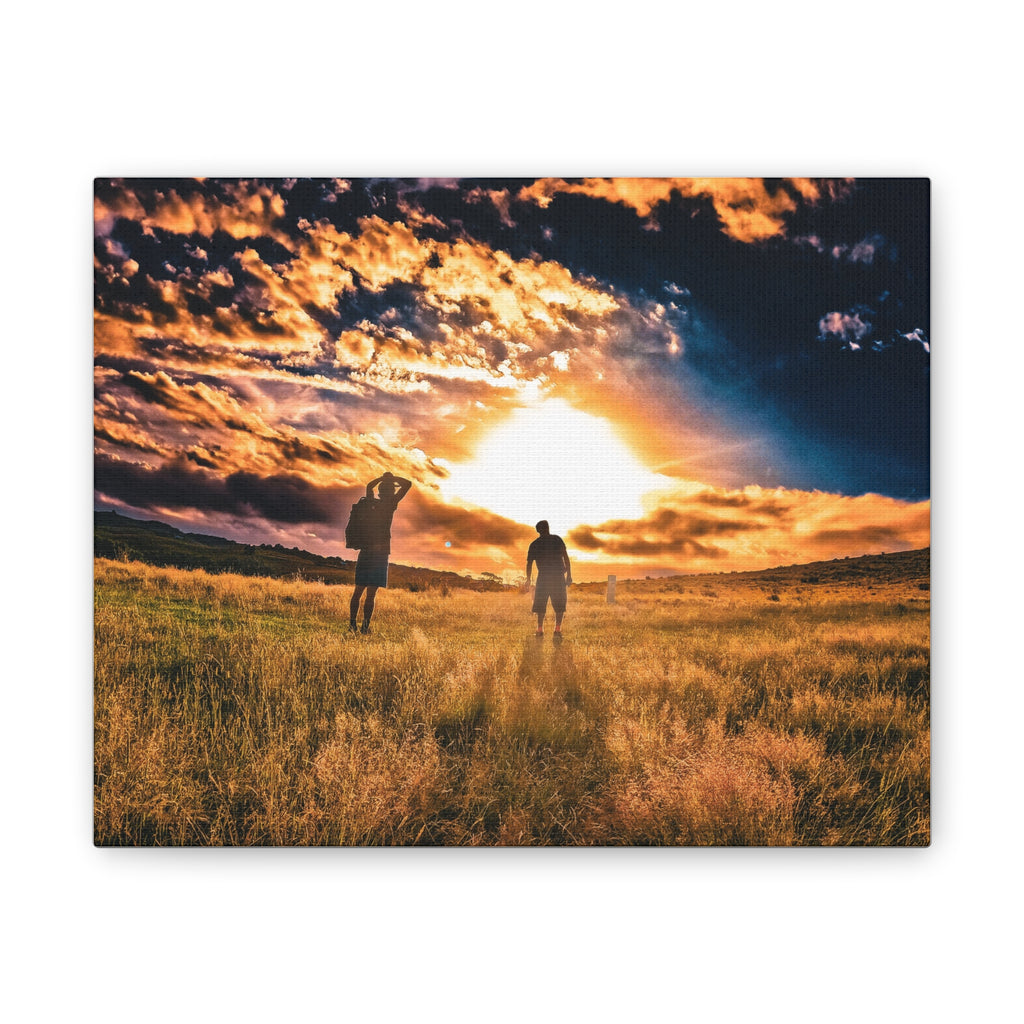 Sunset Field Canvas Wall Art — Silhouetted Figures at Golden Hour