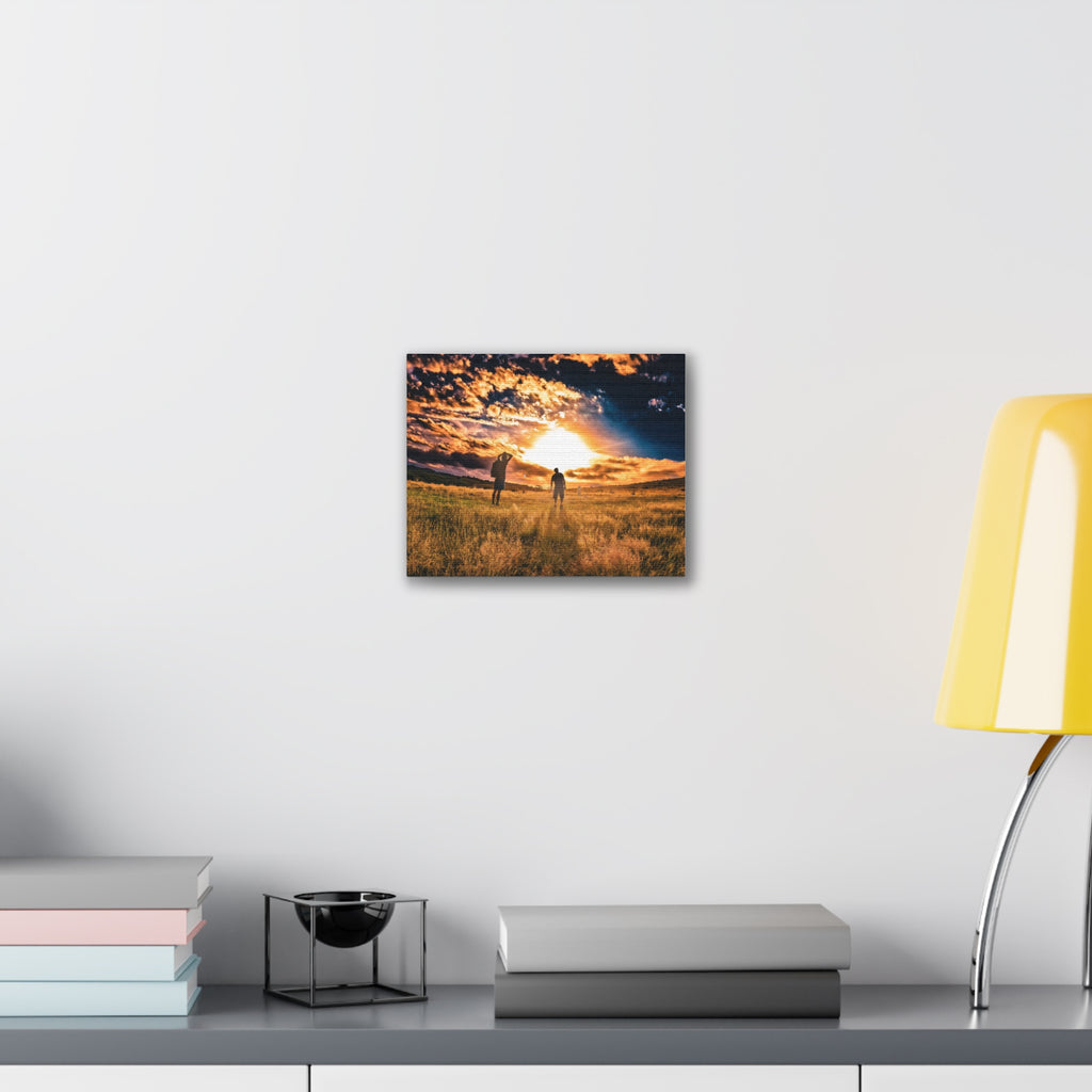 Sunset Field Canvas Wall Art — Silhouetted Figures at Golden Hour