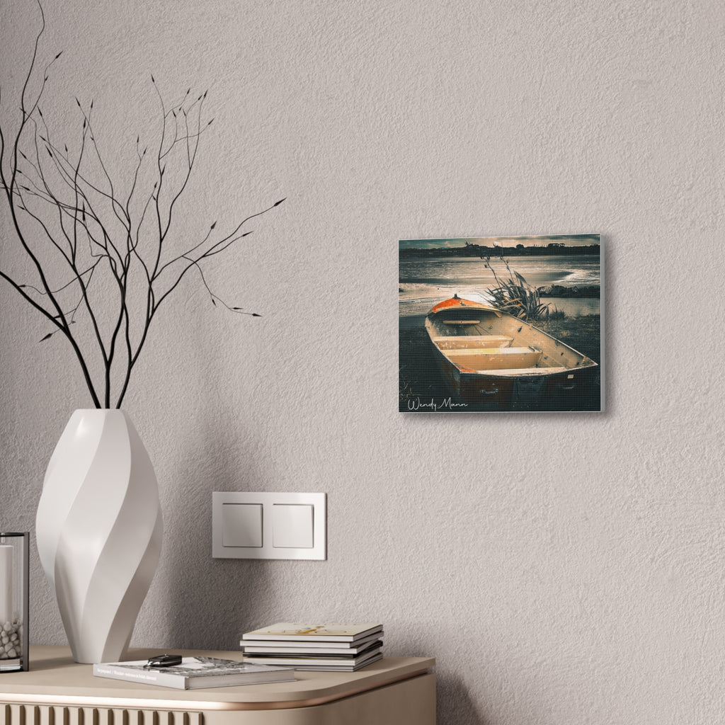 Vintage Rowboat Canvas Wall Art – Moody Coastal Landscape Print