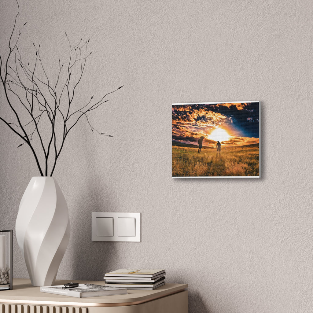 Sunset Field Canvas Wall Art — Silhouetted Figures at Golden Hour