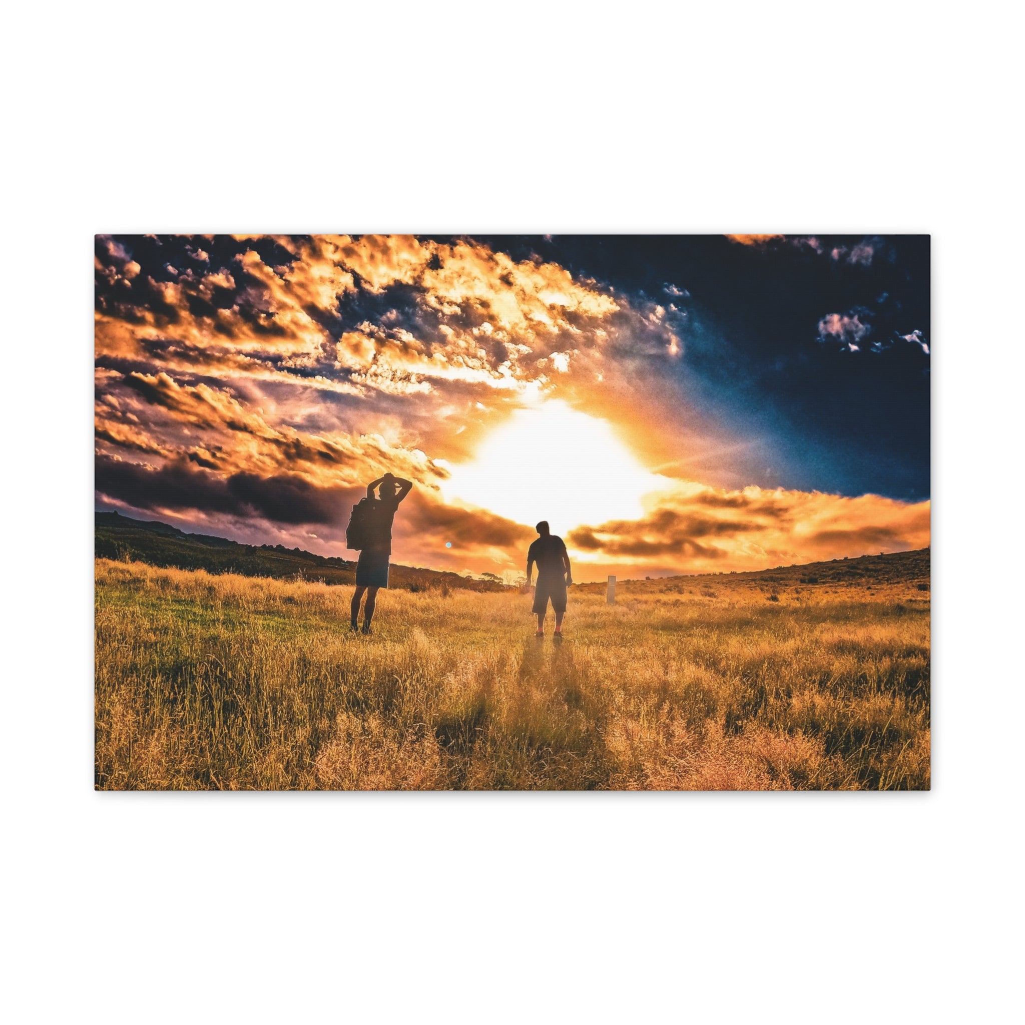 Sunset Field Canvas Wall Art — Silhouetted Figures at Golden Hour