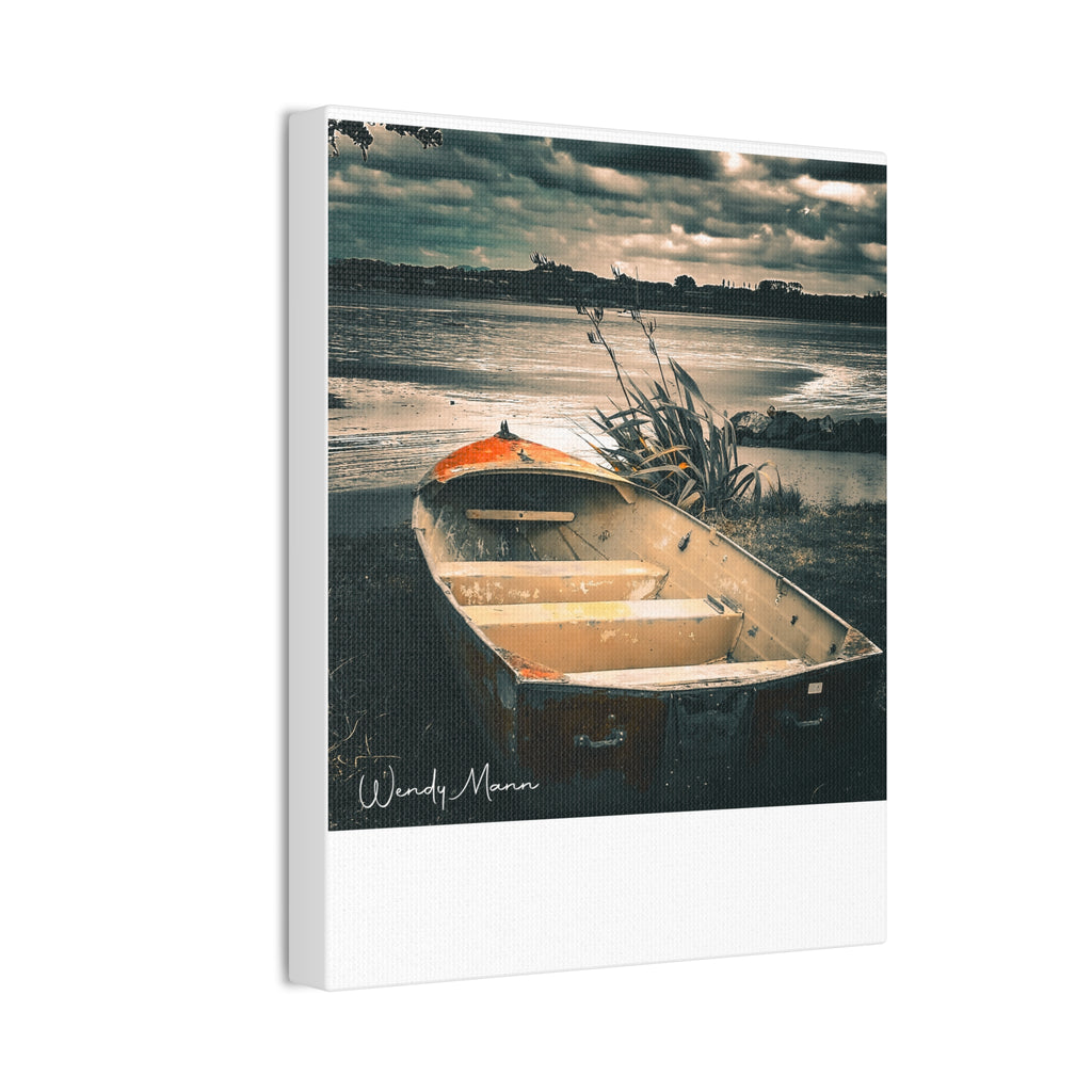 Vintage Rowboat Canvas Wall Art – Moody Coastal Landscape Print