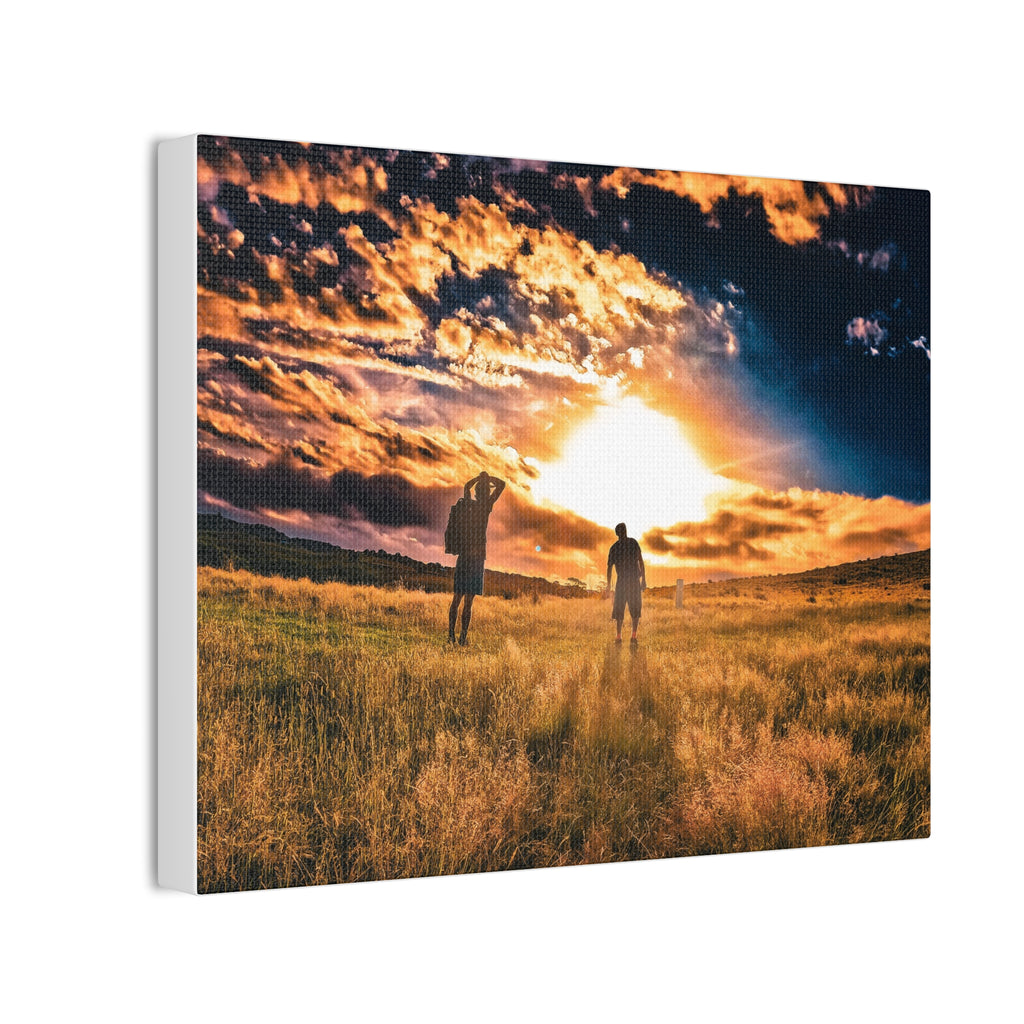 Sunset Field Canvas Wall Art — Silhouetted Figures at Golden Hour