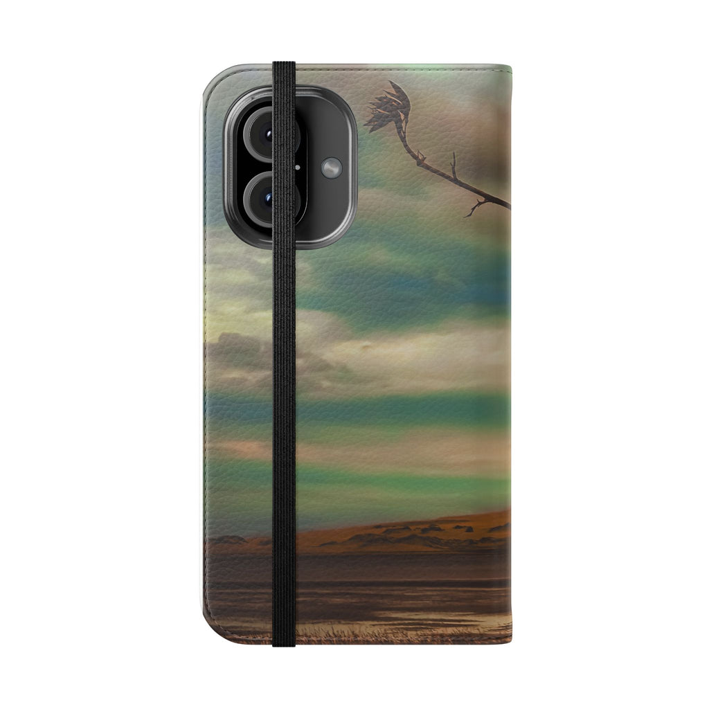 Serene Shoreline Flip Phone Case — Coastal Sunset Wallet Cover