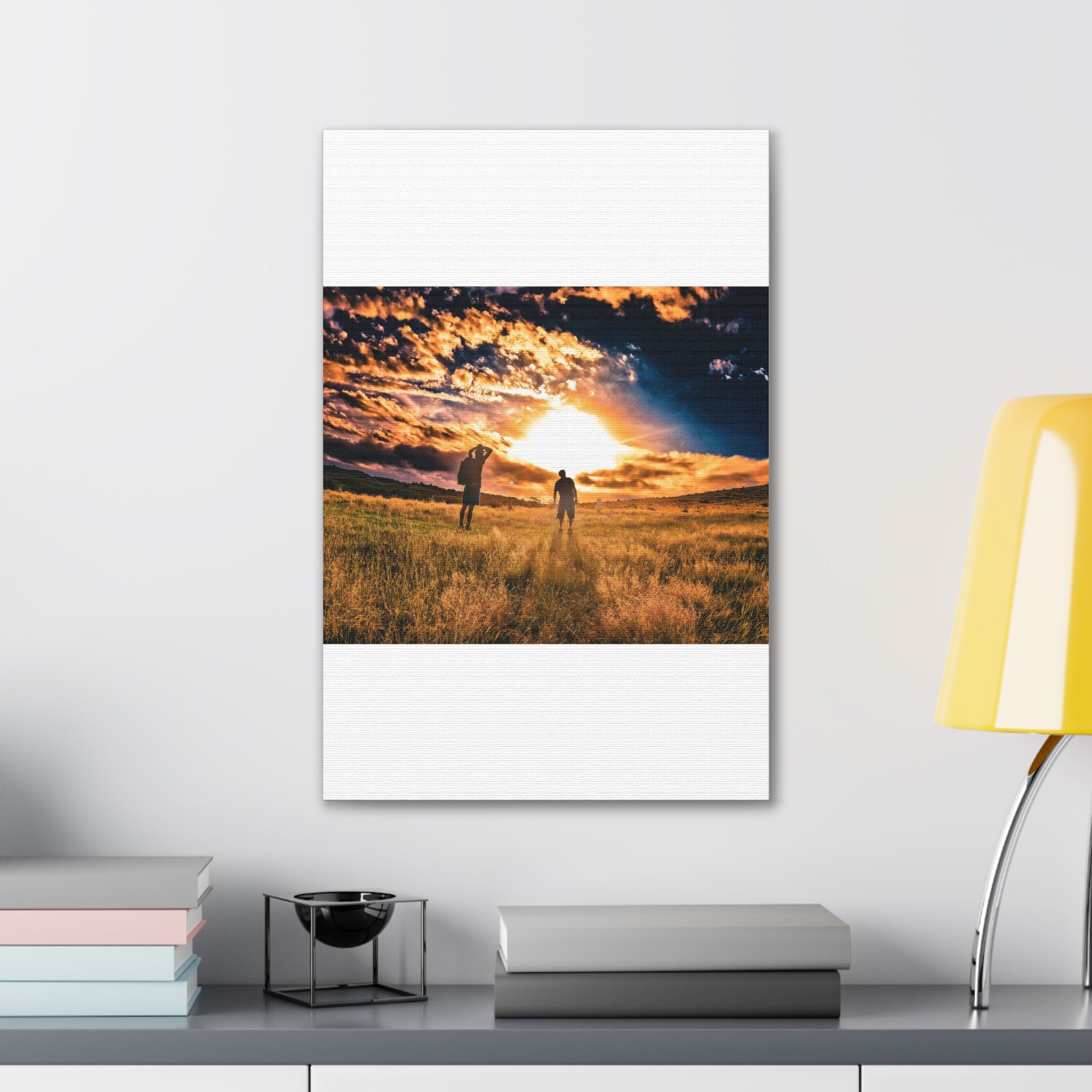 Sunset Field Canvas Wall Art — Silhouetted Figures at Golden Hour