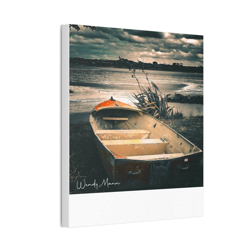 Vintage Rowboat Canvas Wall Art – Moody Coastal Landscape Print