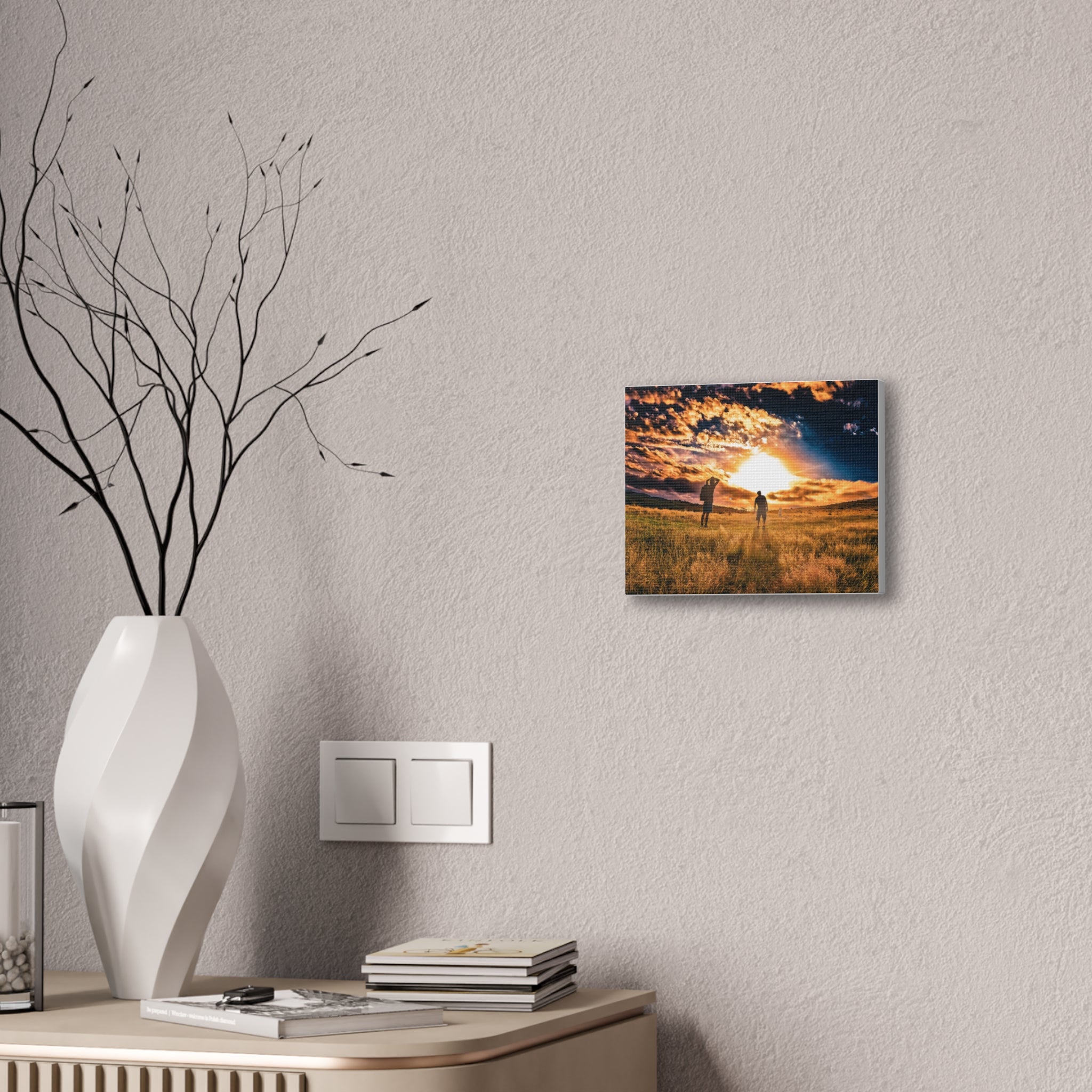Sunset Field Canvas Wall Art — Silhouetted Figures at Golden Hour