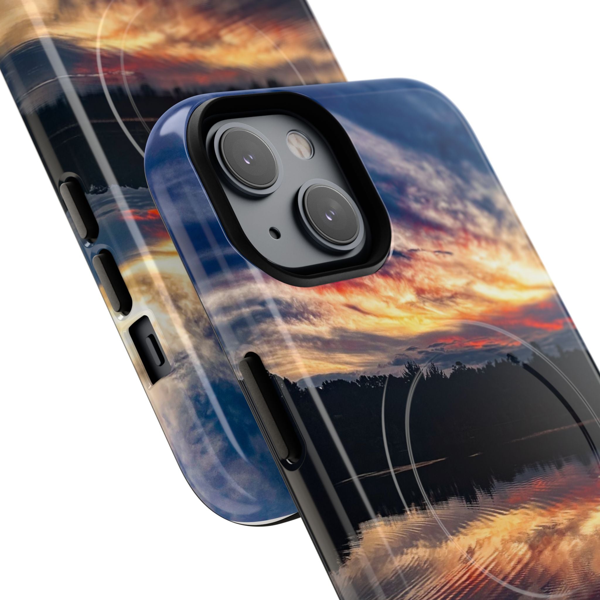 Sunset Lake Tough Magnetic Phone Case — Durable Magnetic Mount iPhone Case with Scenic Reflection Design