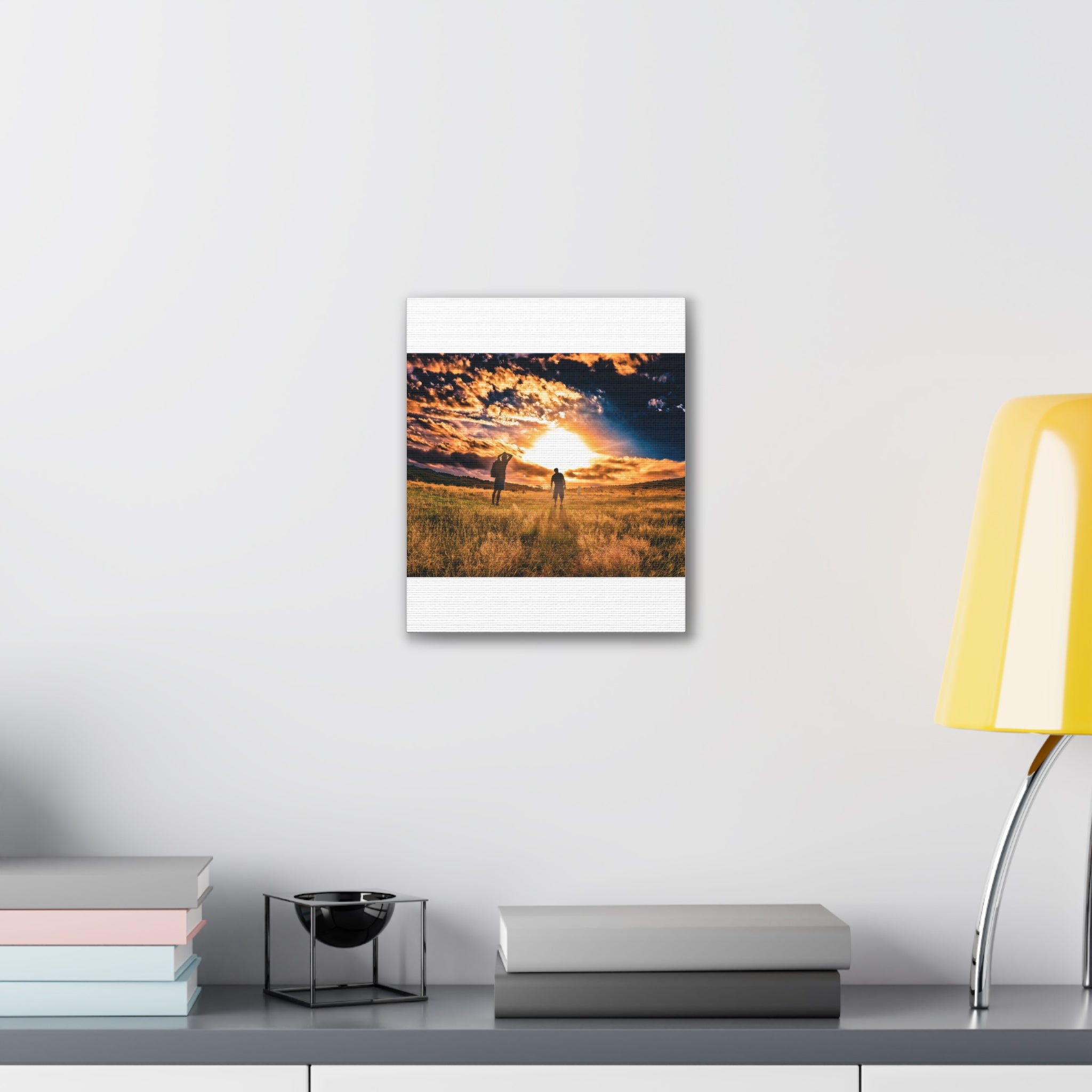 Sunset Field Canvas Wall Art — Silhouetted Figures at Golden Hour