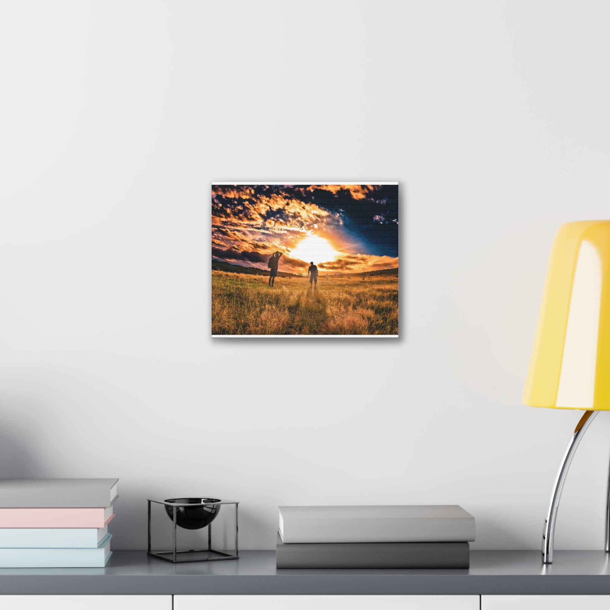 Sunset Field Canvas Wall Art — Silhouetted Figures at Golden Hour