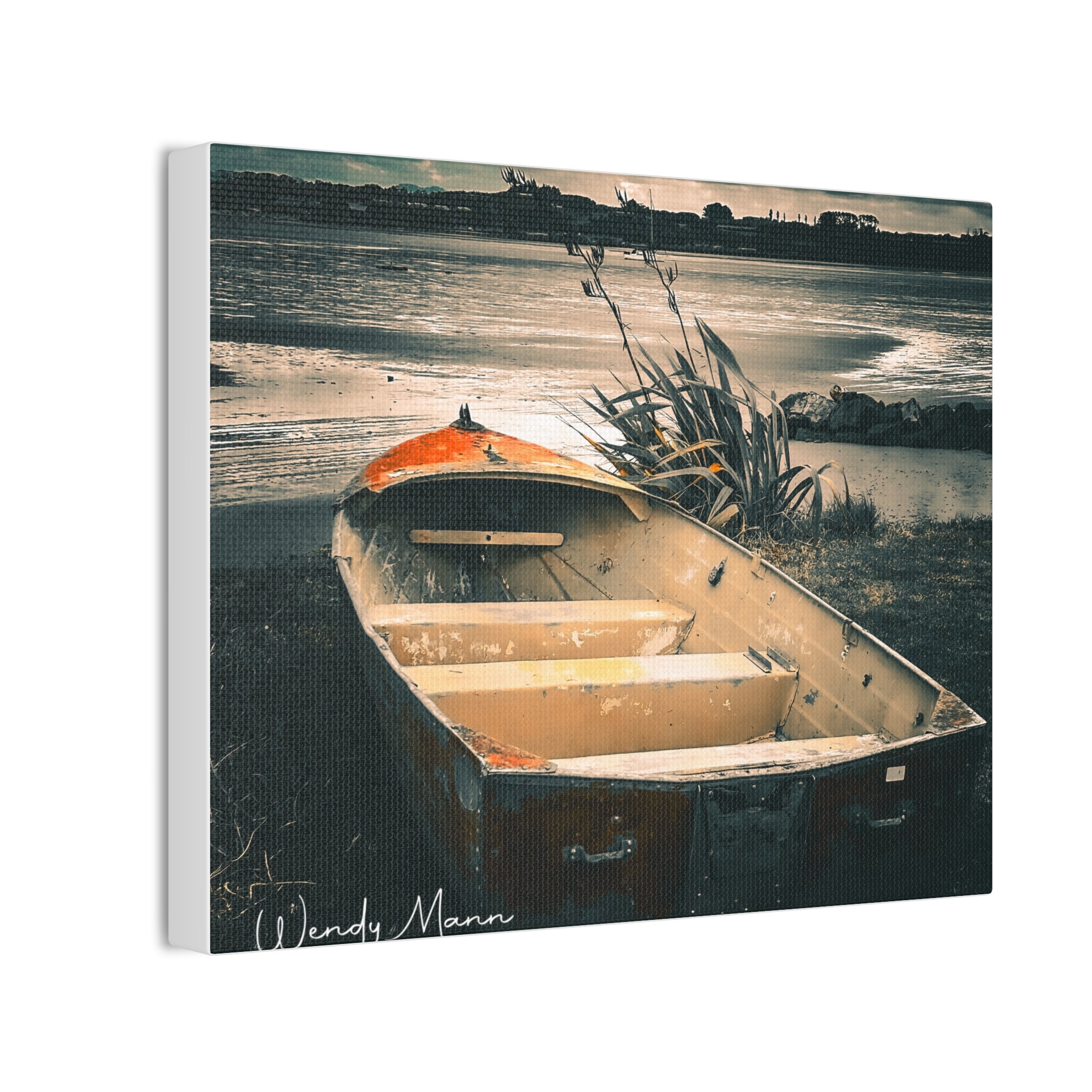 Vintage Rowboat Canvas Wall Art – Moody Coastal Landscape Print