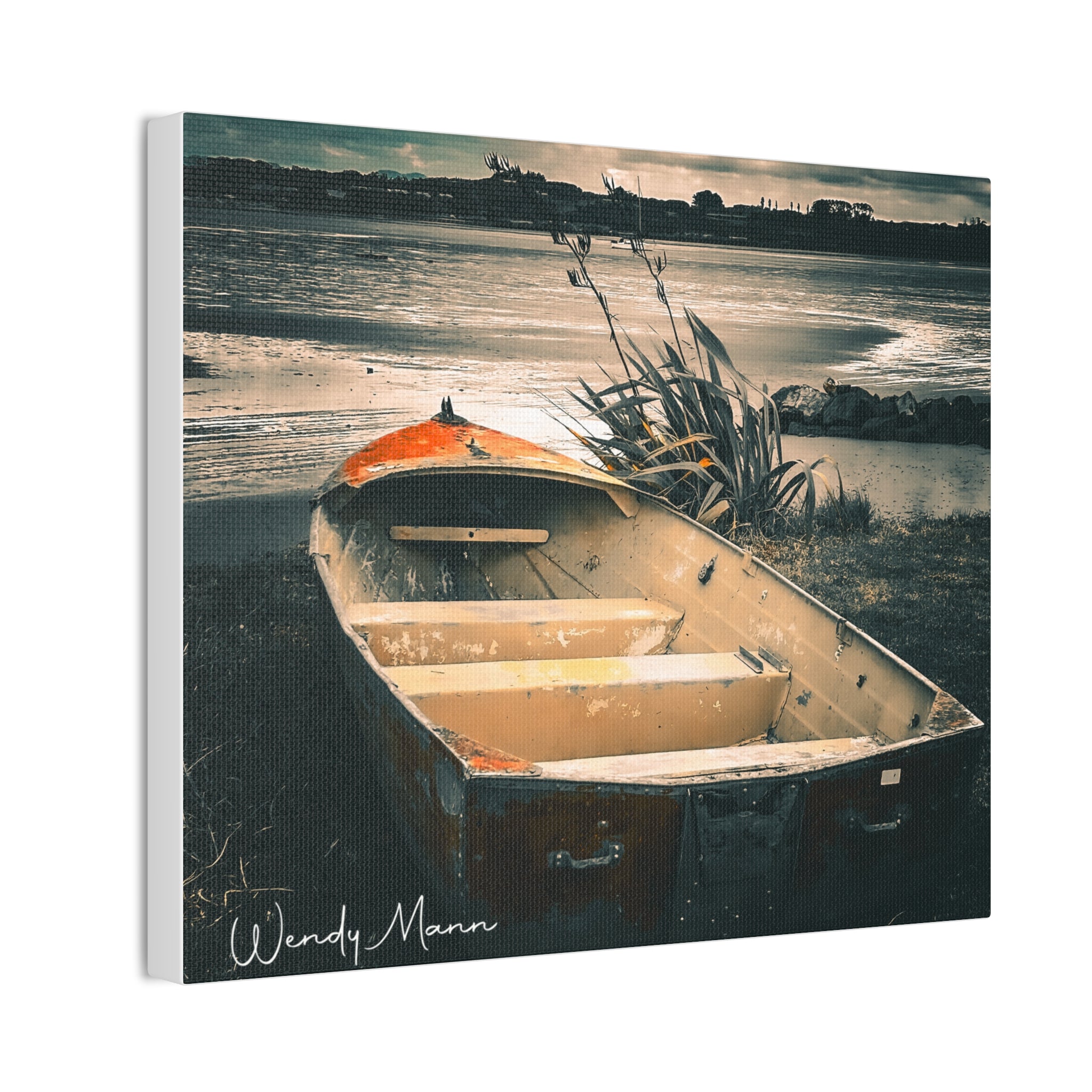 Vintage Rowboat Canvas Wall Art – Moody Coastal Landscape Print