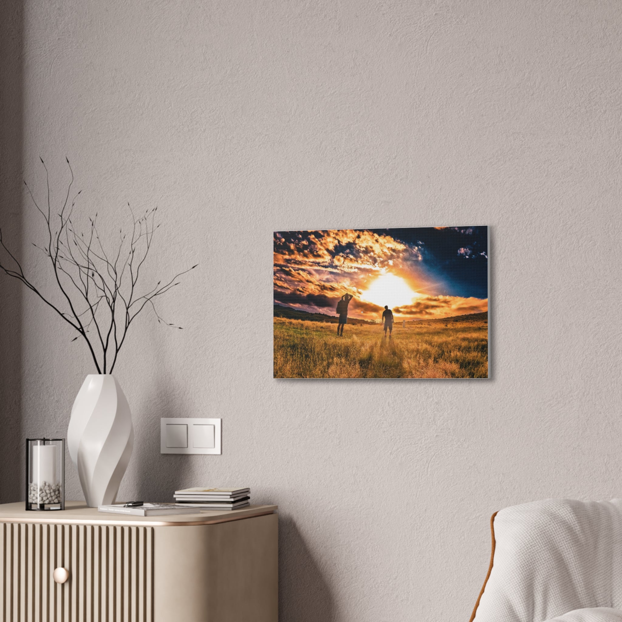 Sunset Field Canvas Wall Art — Silhouetted Figures at Golden Hour