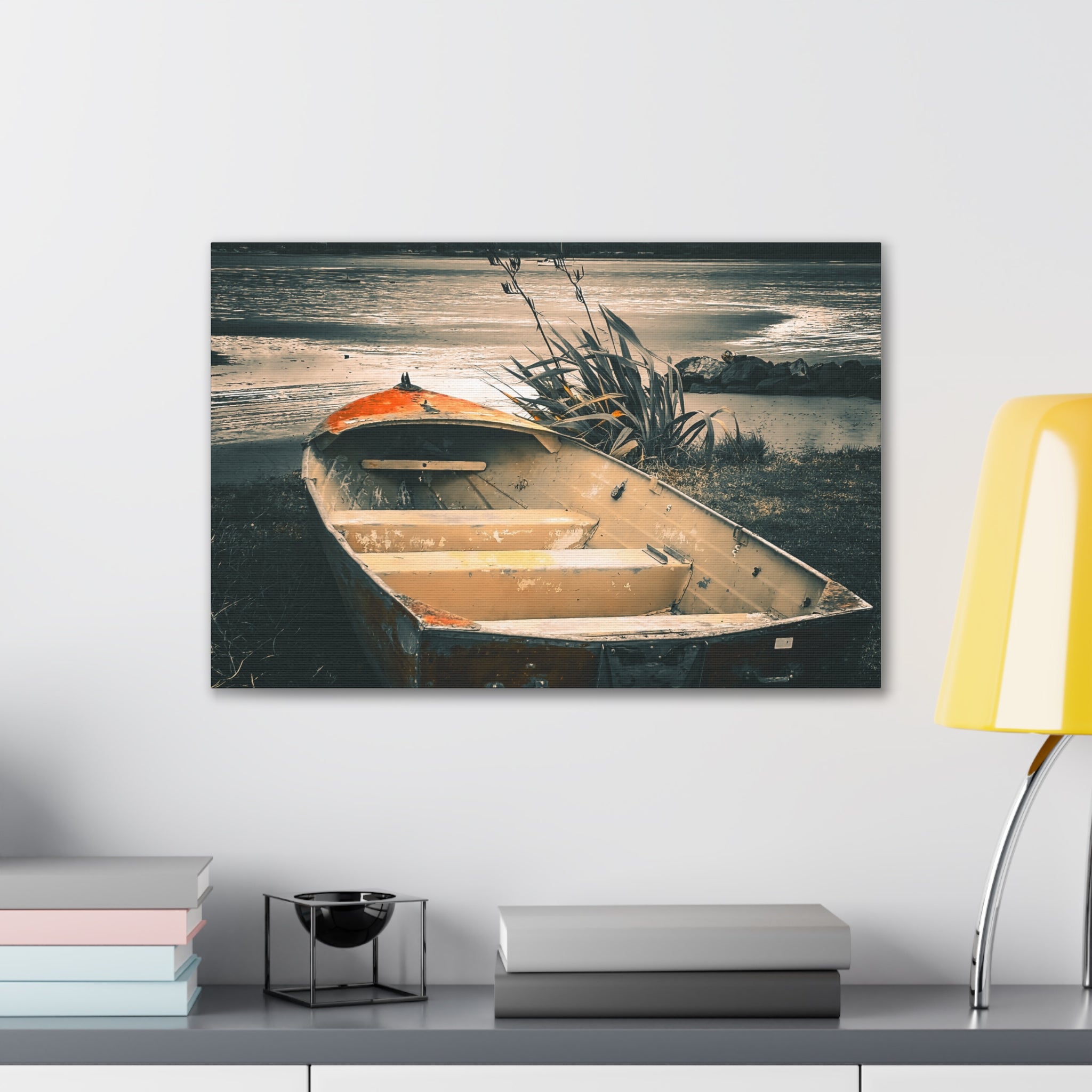 Vintage Rowboat Canvas Wall Art – Moody Coastal Landscape Print
