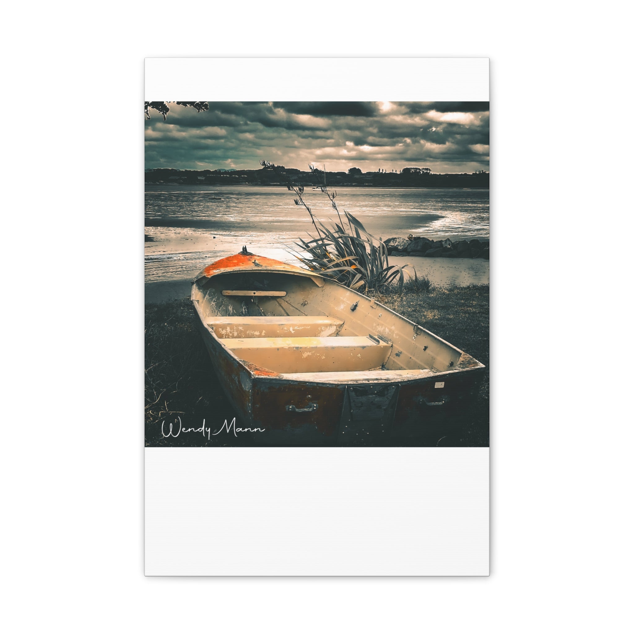 Vintage Rowboat Canvas Wall Art – Moody Coastal Landscape Print