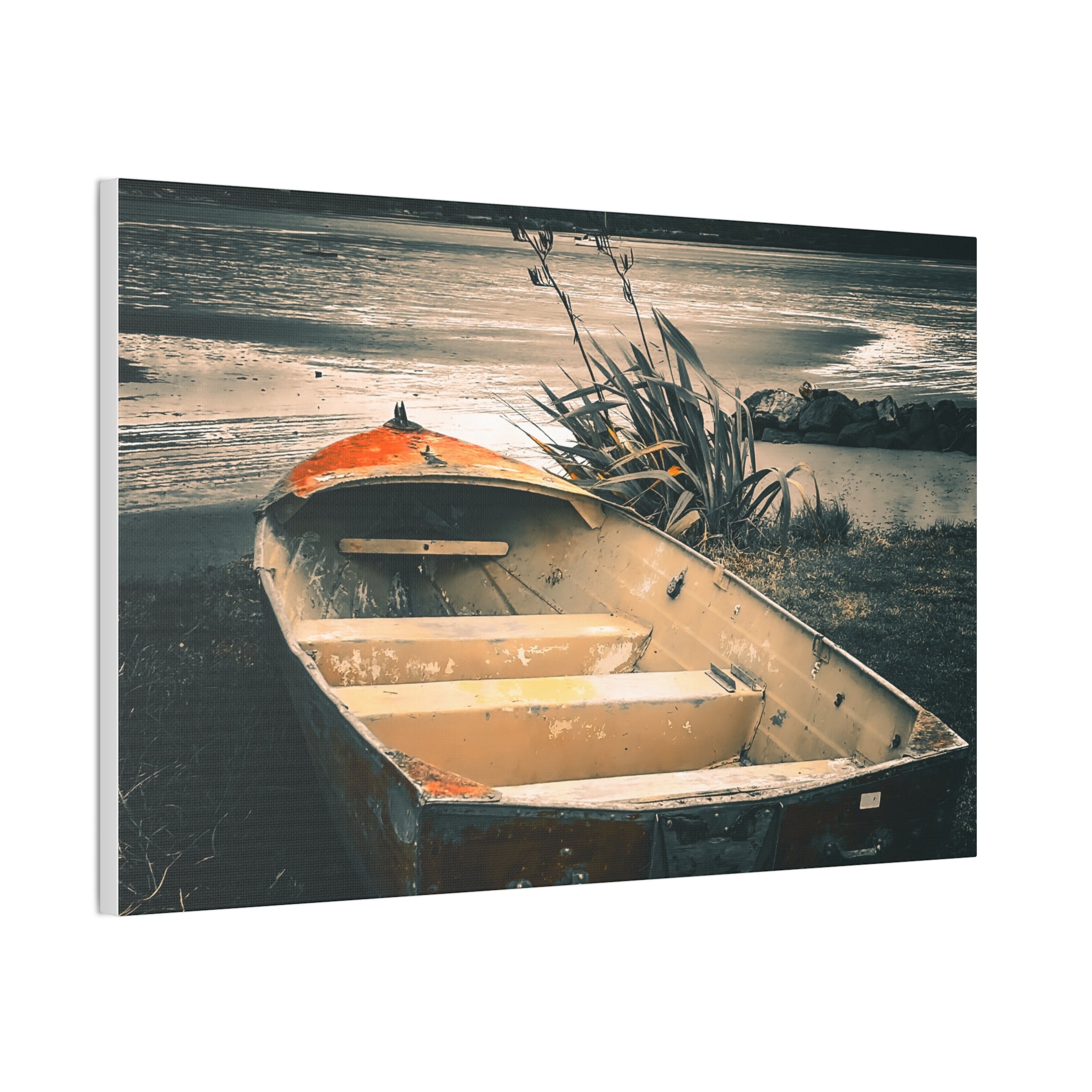 Vintage Rowboat Canvas Wall Art – Moody Coastal Landscape Print