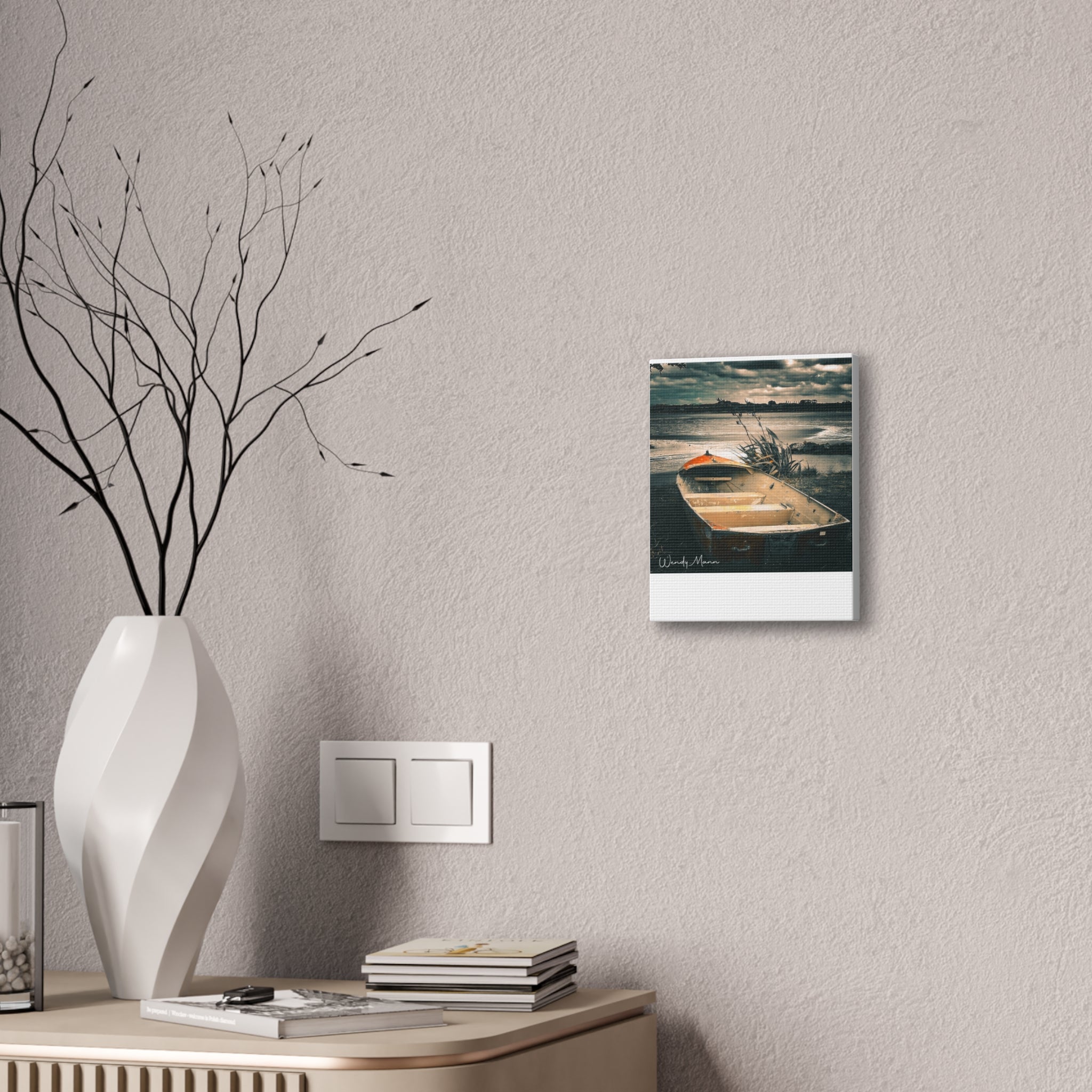 Vintage Rowboat Canvas Wall Art – Moody Coastal Landscape Print