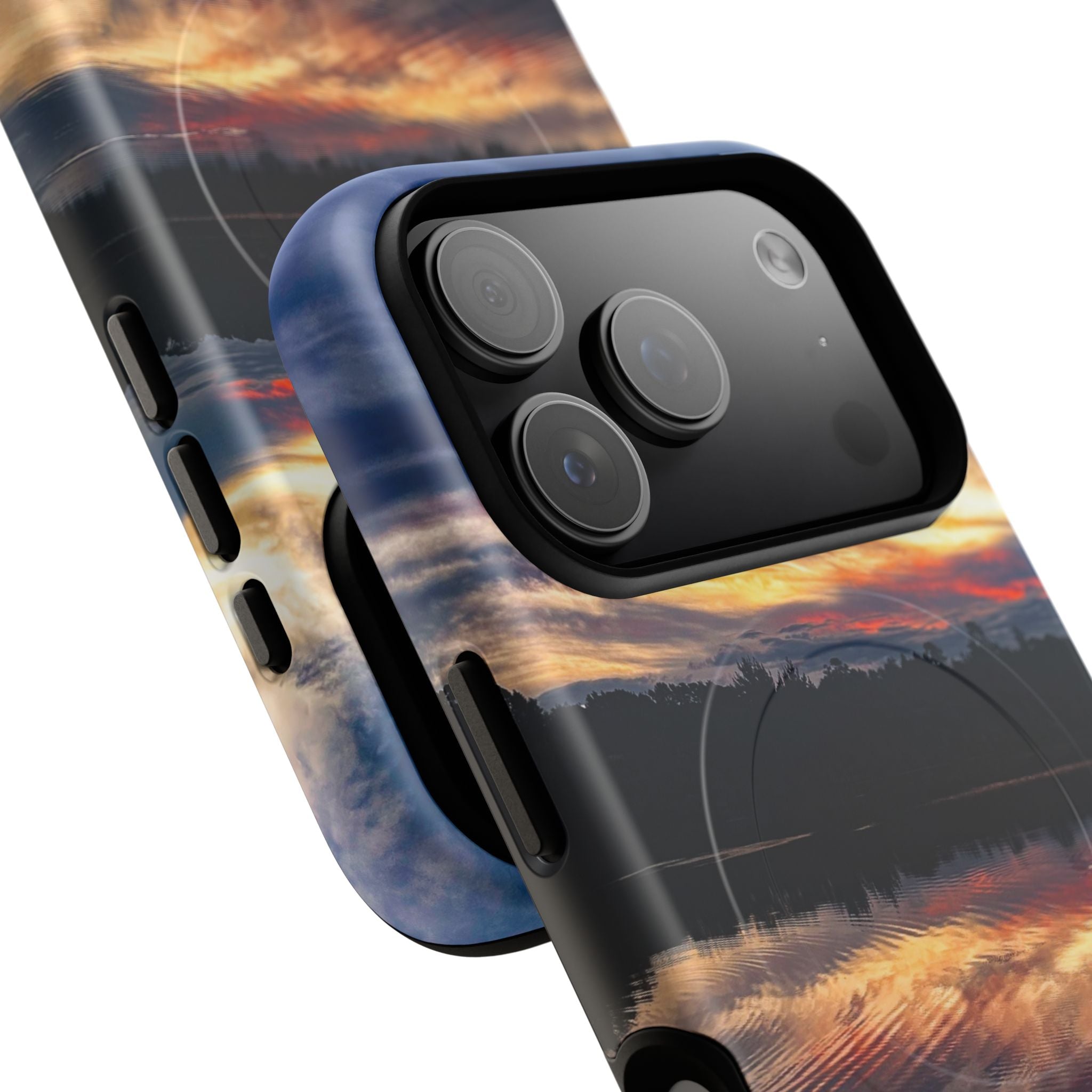 Sunset Lake Tough Magnetic Phone Case — Durable Magnetic Mount iPhone Case with Scenic Reflection Design