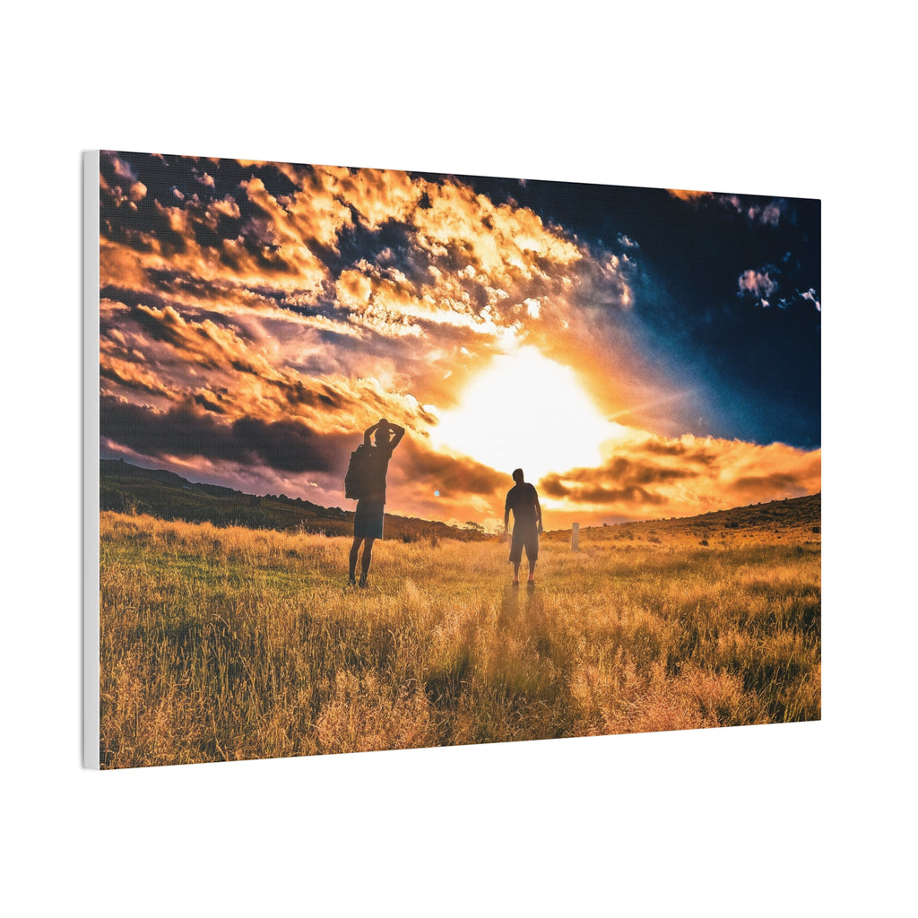 Sunset Field Canvas Wall Art — Silhouetted Figures at Golden Hour
