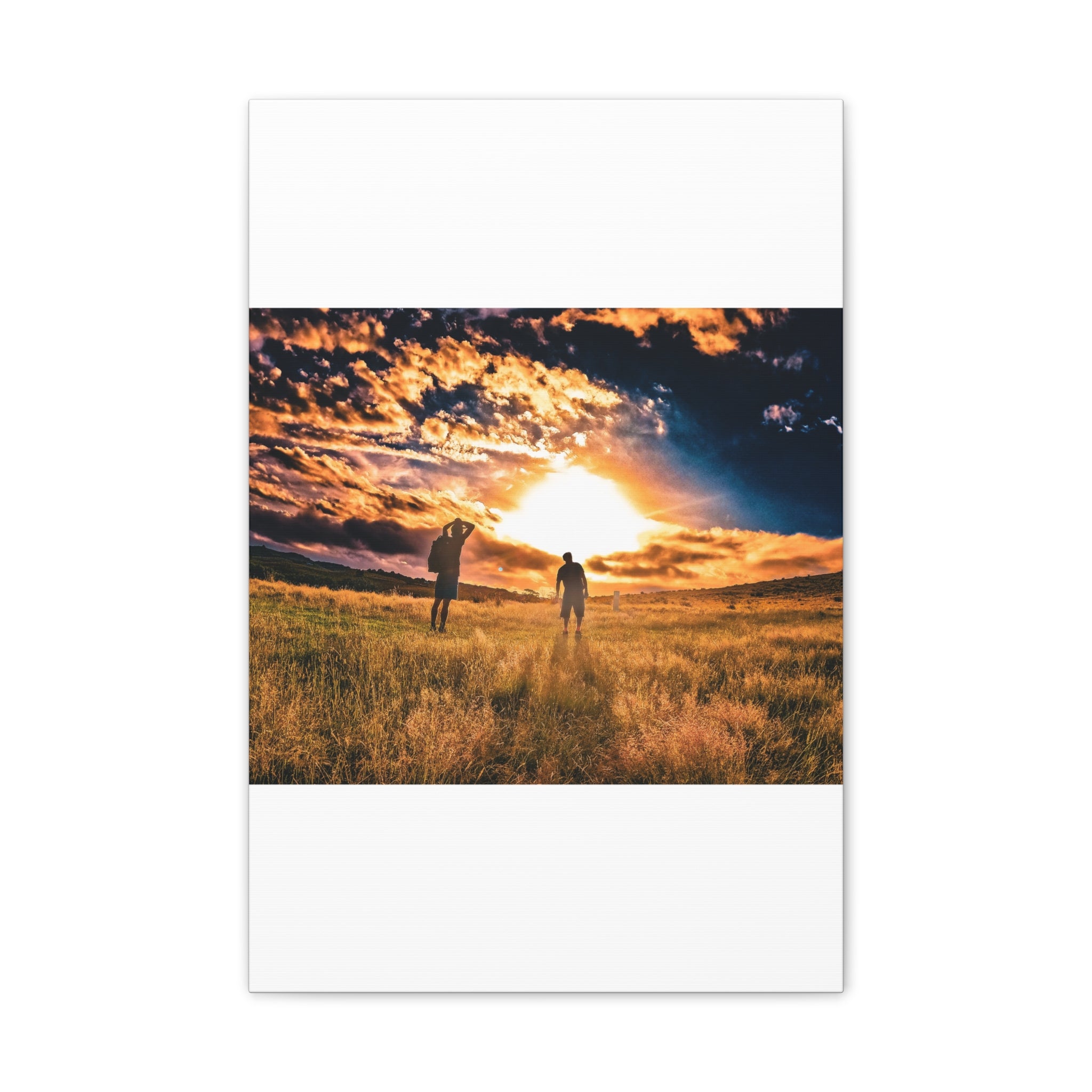 Sunset Field Canvas Wall Art — Silhouetted Figures at Golden Hour