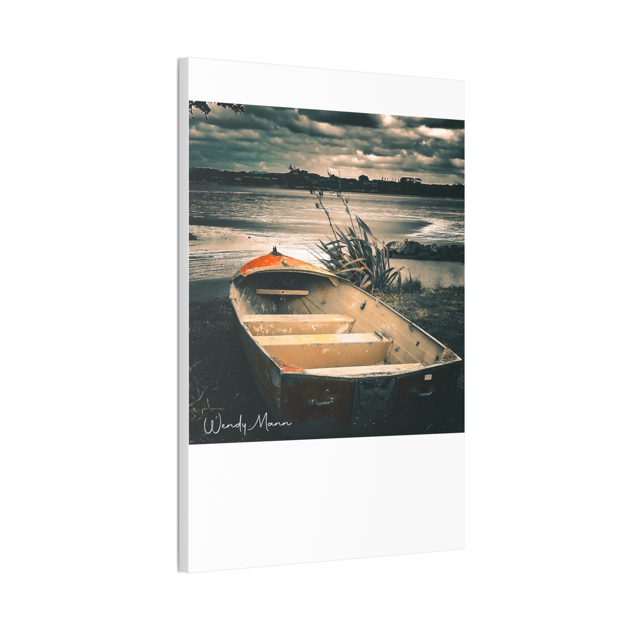 Vintage Rowboat Canvas Wall Art – Moody Coastal Landscape Print