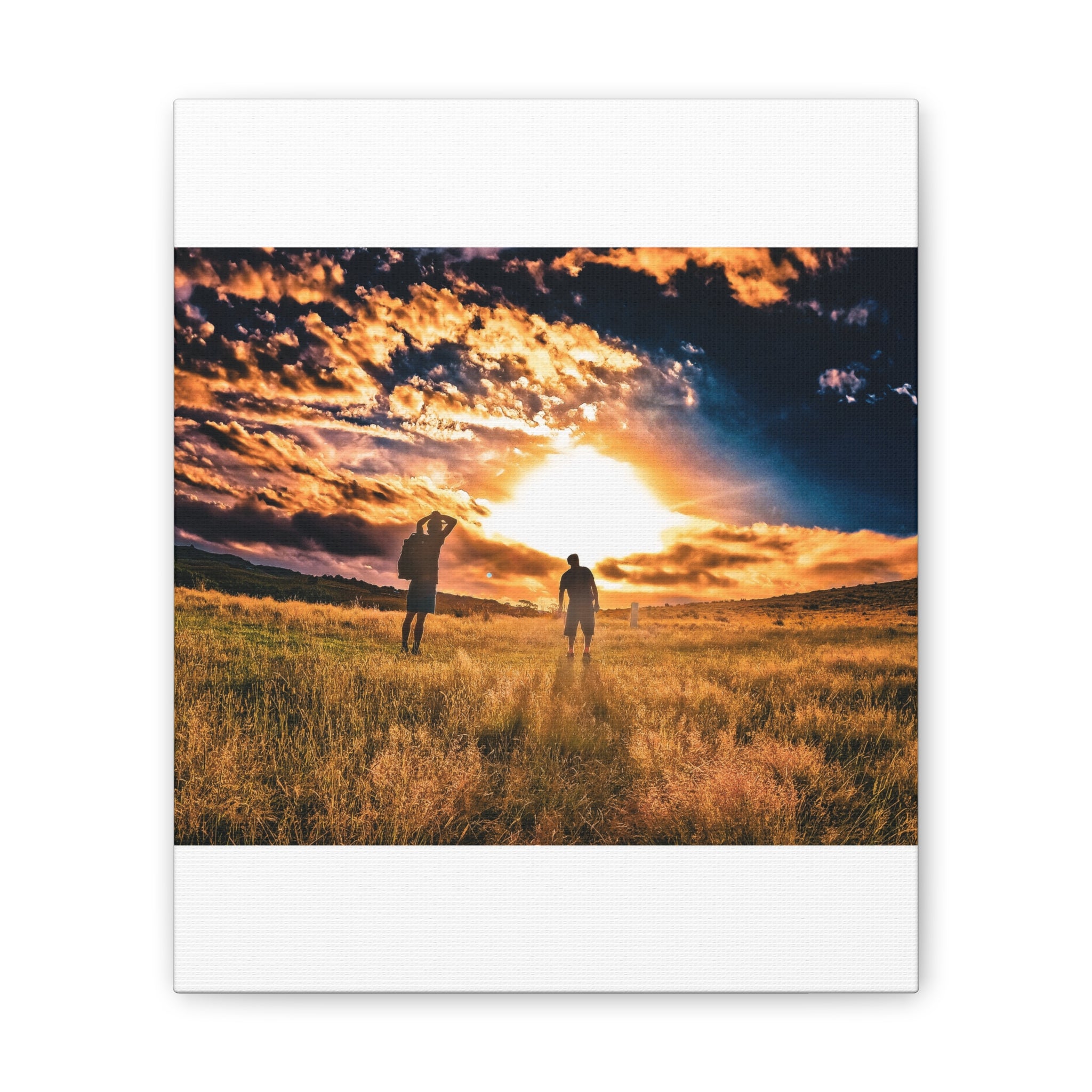 Sunset Field Canvas Wall Art — Silhouetted Figures at Golden Hour